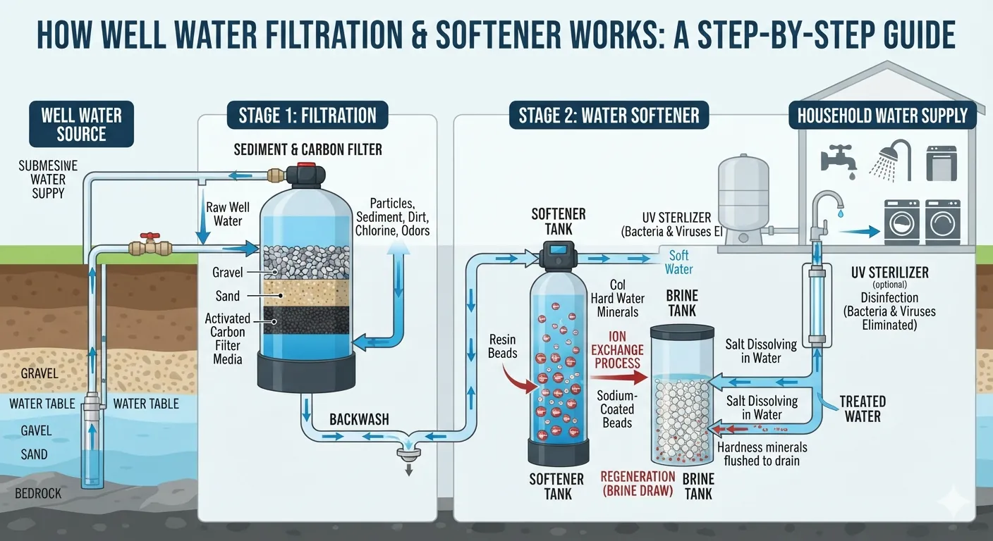 How well water filtration and softener works: step-by-step diagram showing sediment & carbon filter, water softener ion exchange, UV sterilizer, and household water supply